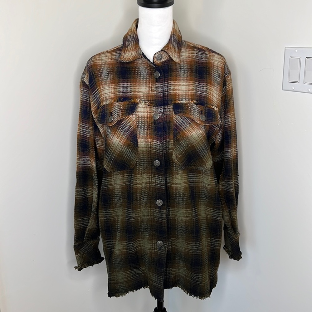 Free People Size XS Anneli Brown/Tan/Orange Plaid Shirt Jacket